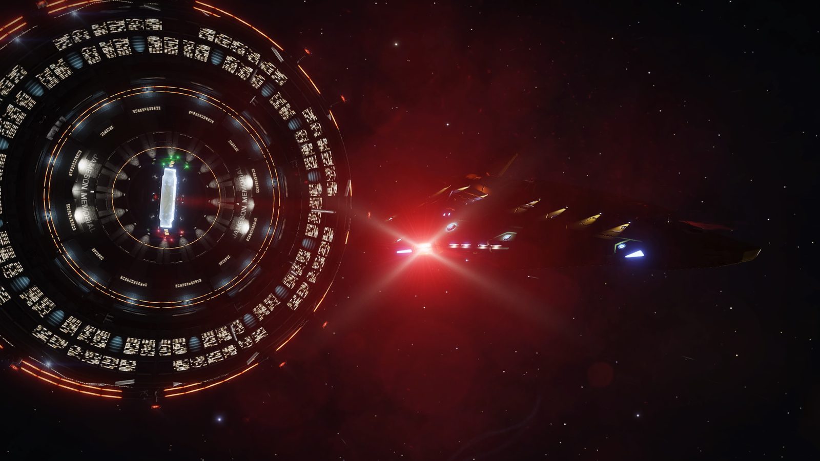 Station with ship and red flare, dynamic lighting.