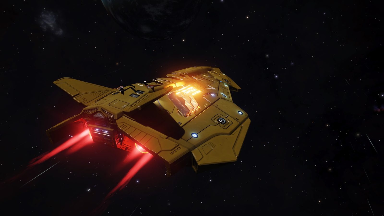 Ship with glowing thrusters in space.