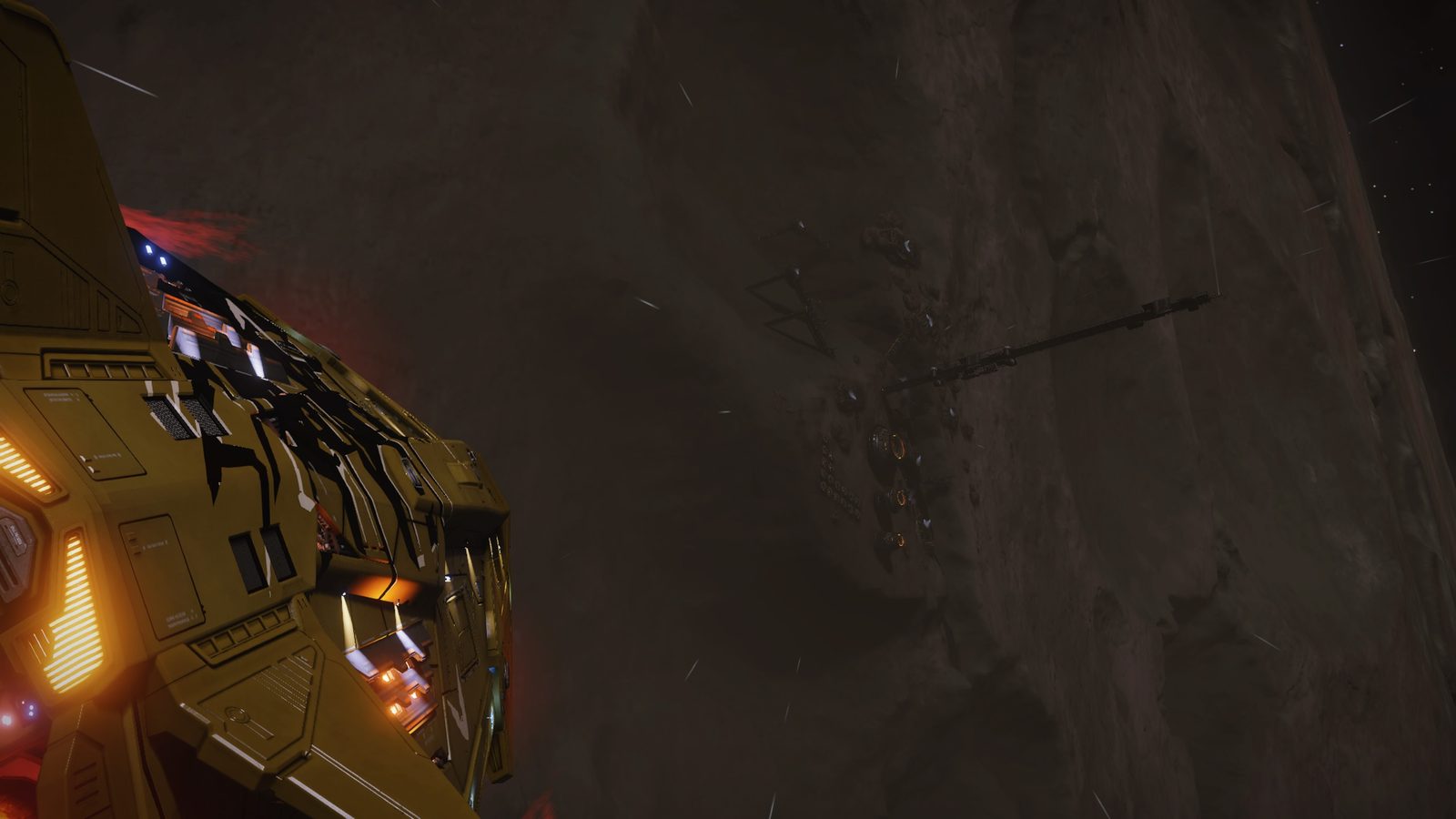 Detailed ship side view with atmospheric planetary surface.