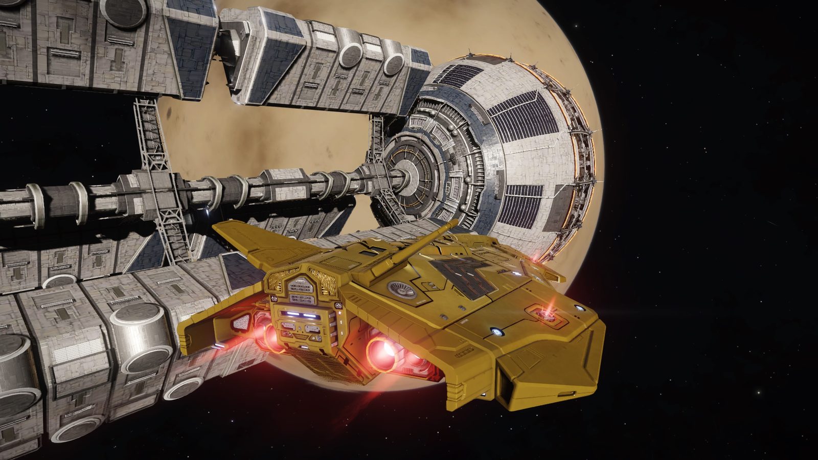 Close-up of yellow ship docked at station with planet backdrop.