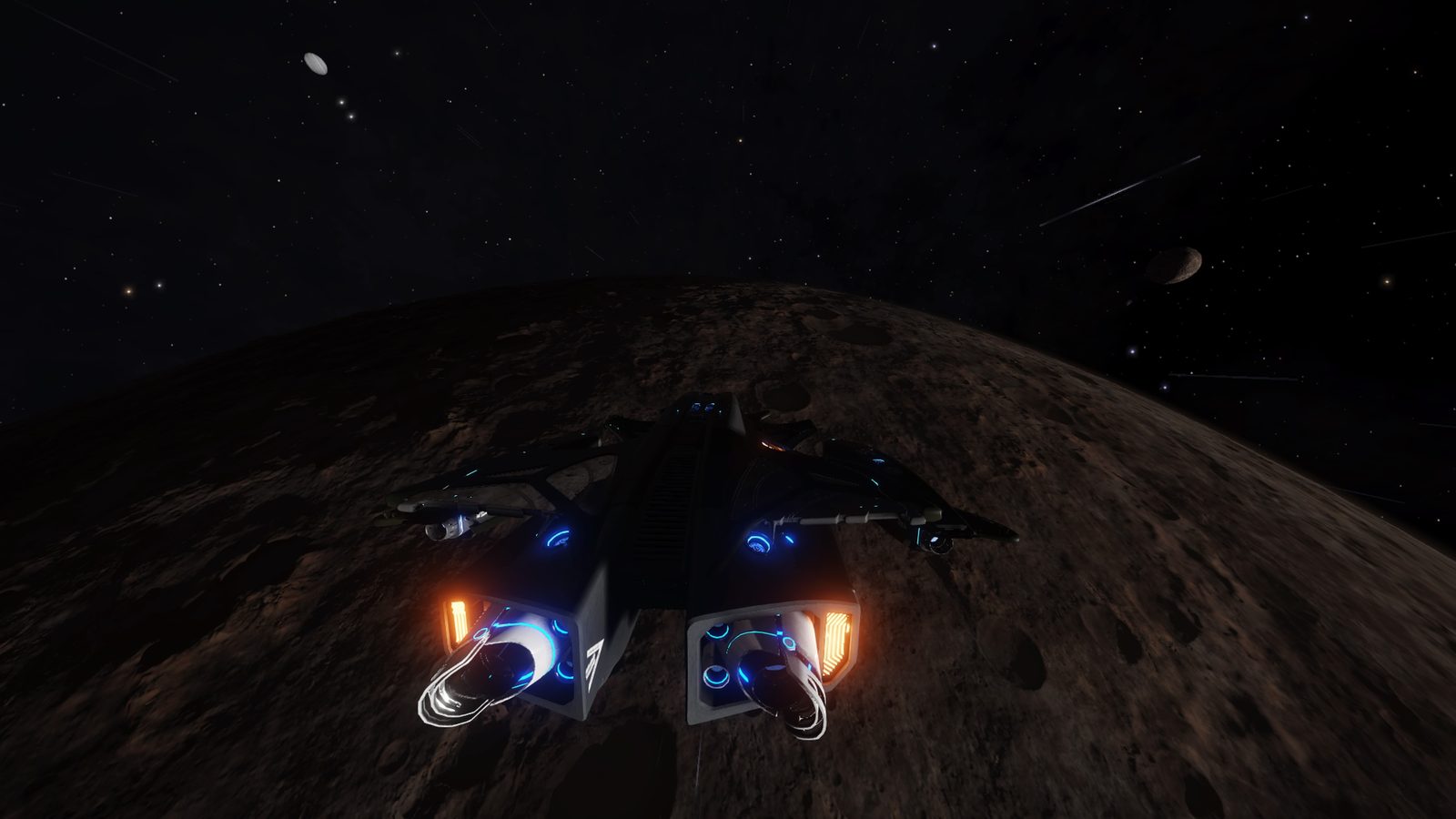 Rear view of ship over planet surface with moons in background.