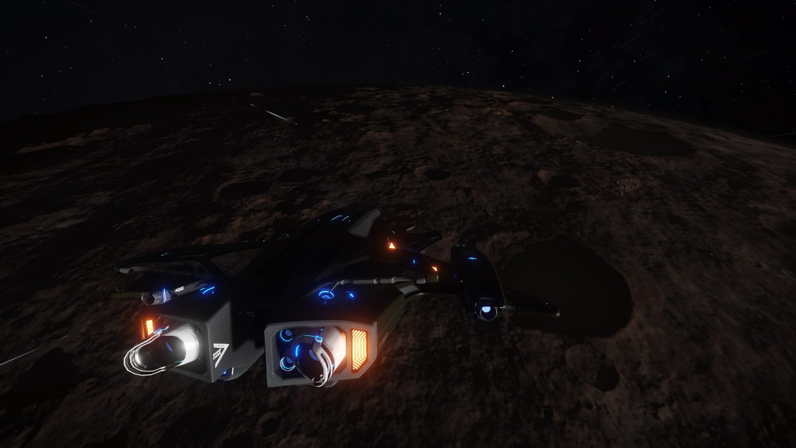 Ship over planet surface with crater, well lit engines.