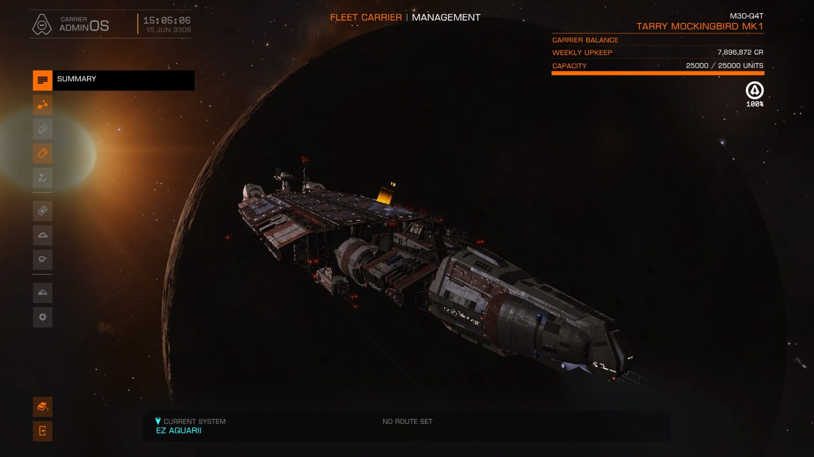 Exterior carrier shot with celestial background, atmospheric and dynamic.