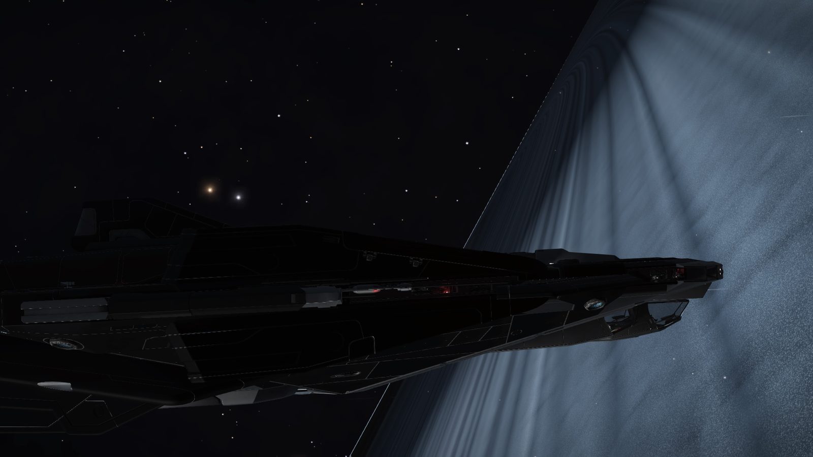 Ship near ringed planet, moody lighting