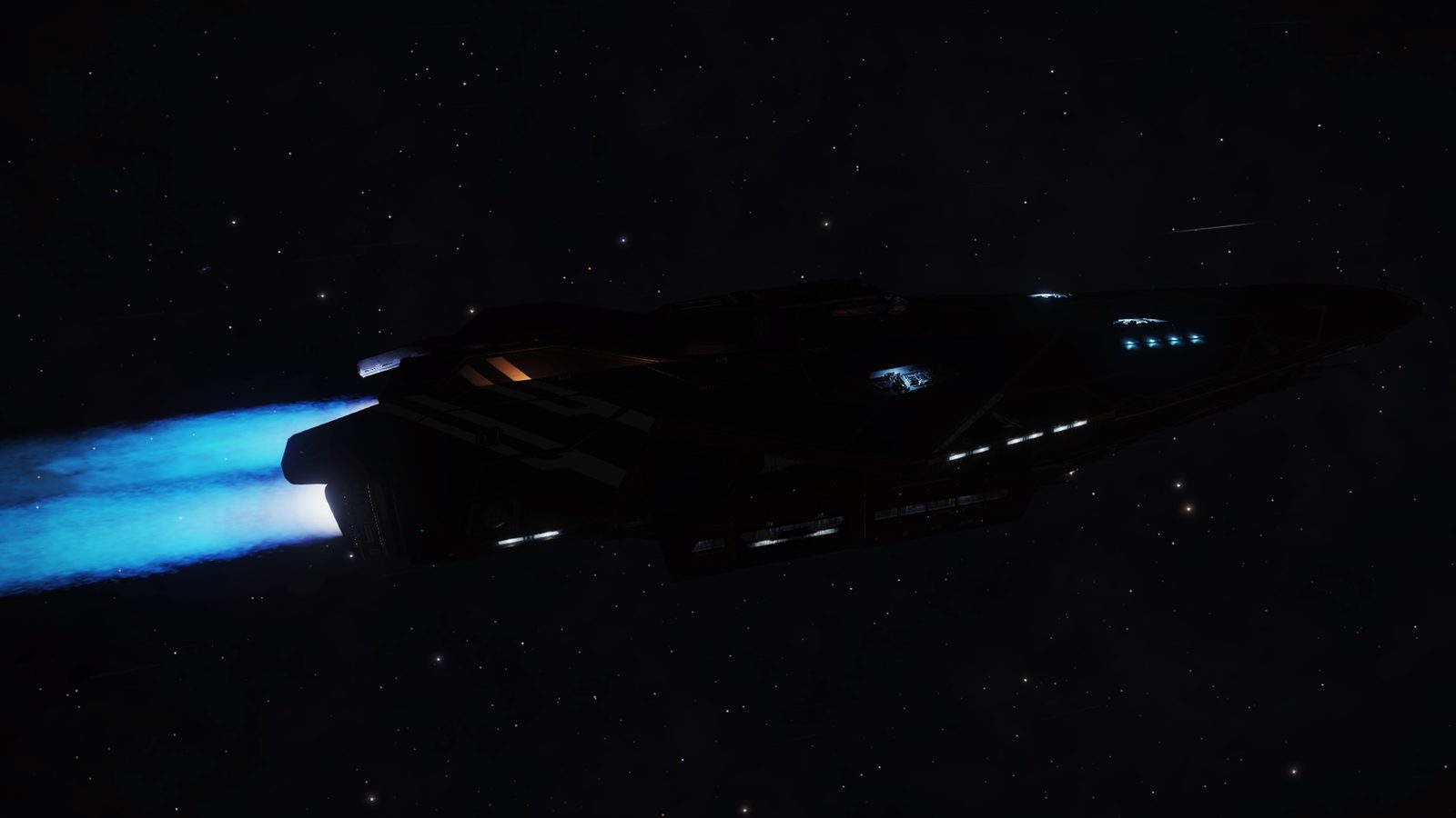 Ship with glowing engines in dark space