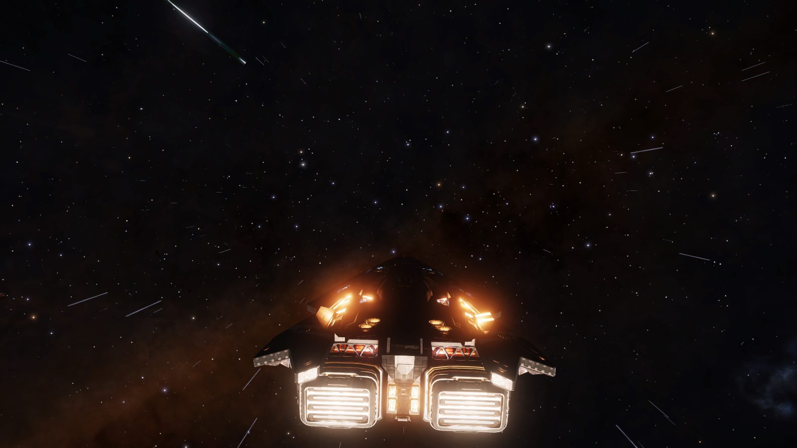Ship rear with engine thrust and star streaks.