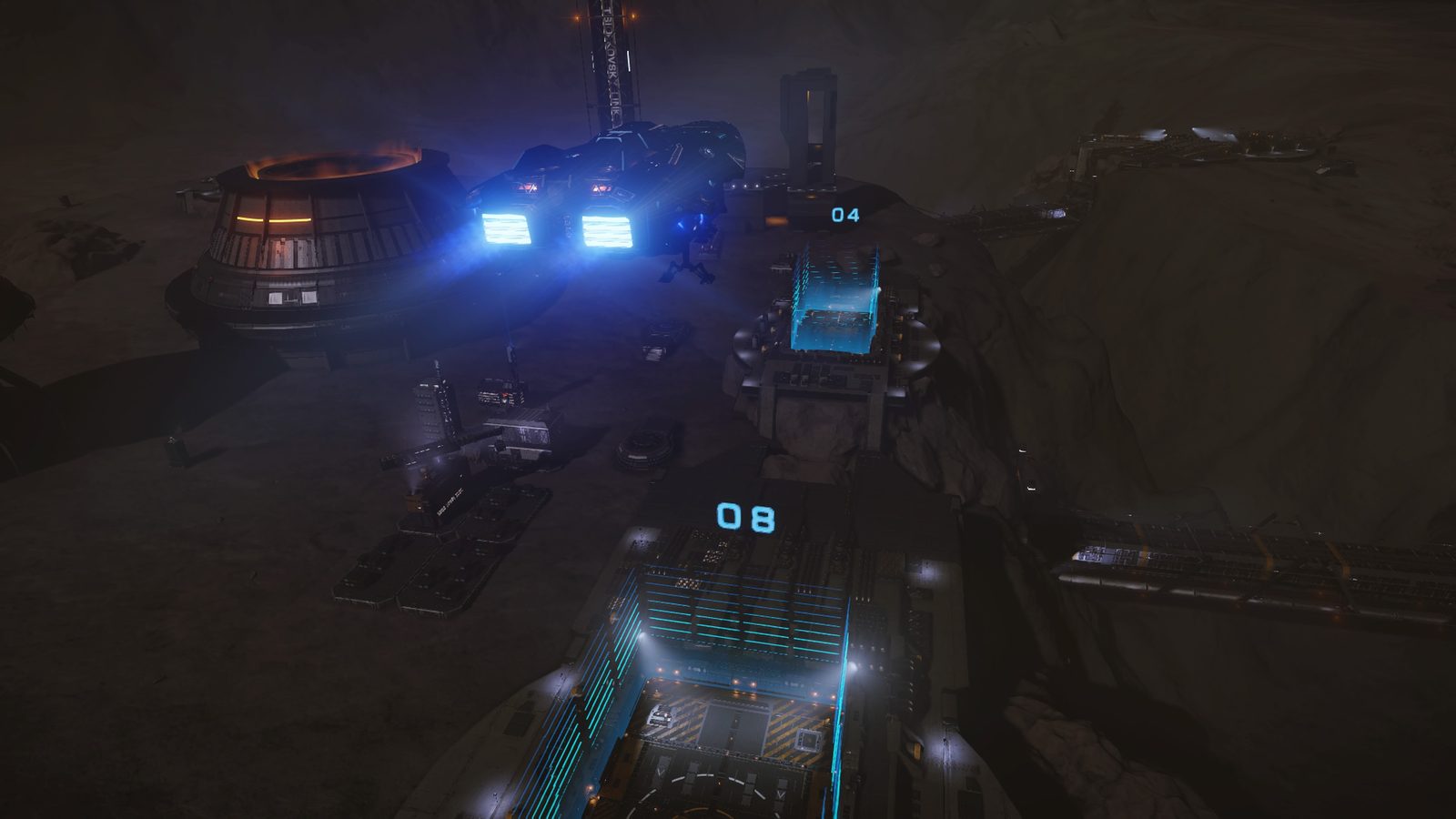 Dark station scene with strong blue lighting and detail.