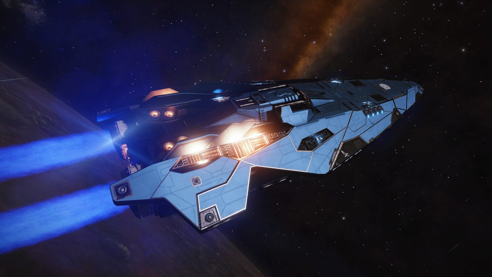 Ship flying in space with bright thrusters and stars.