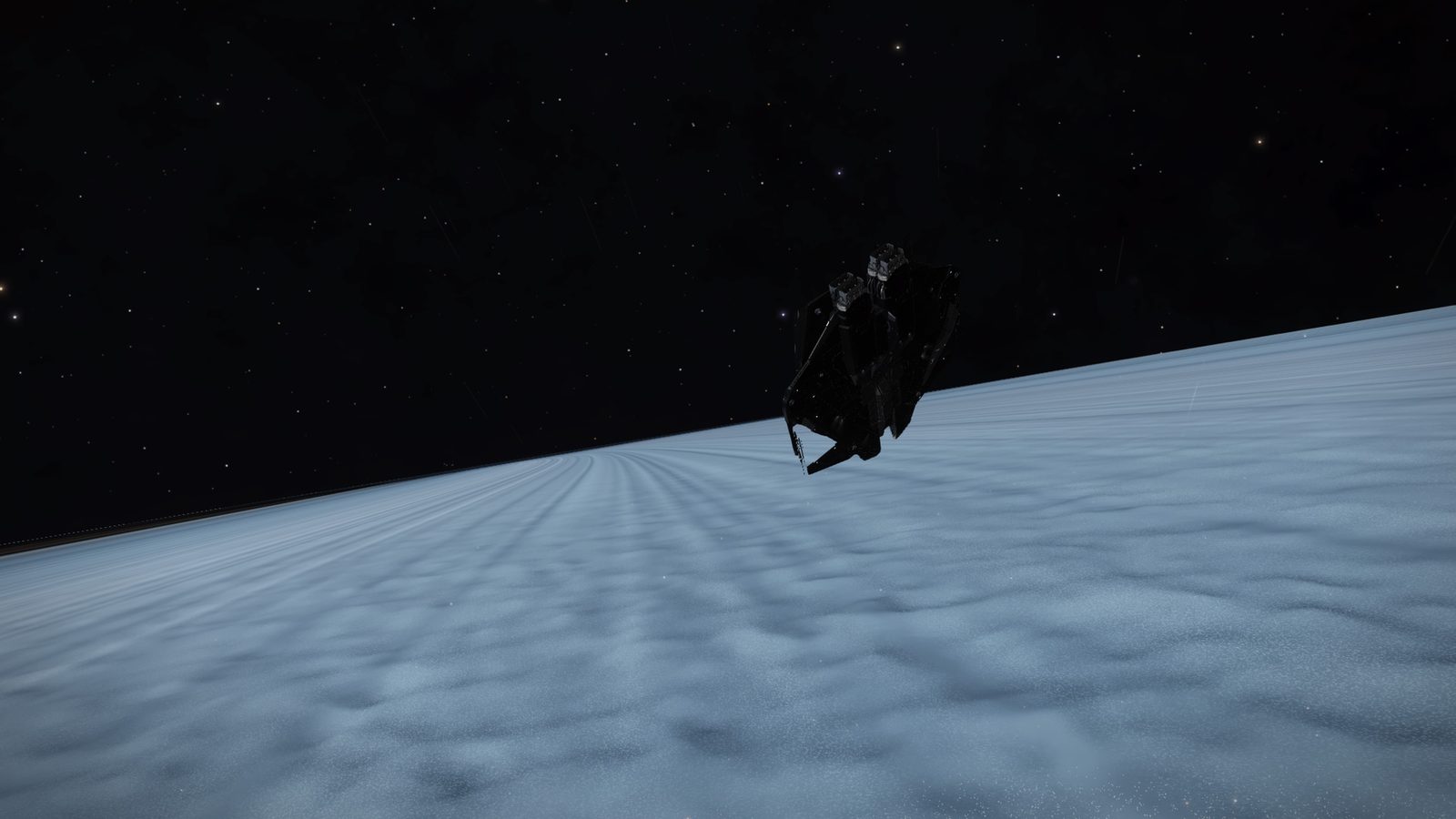 Ship hovering above a textured planet surface with clear starfield background