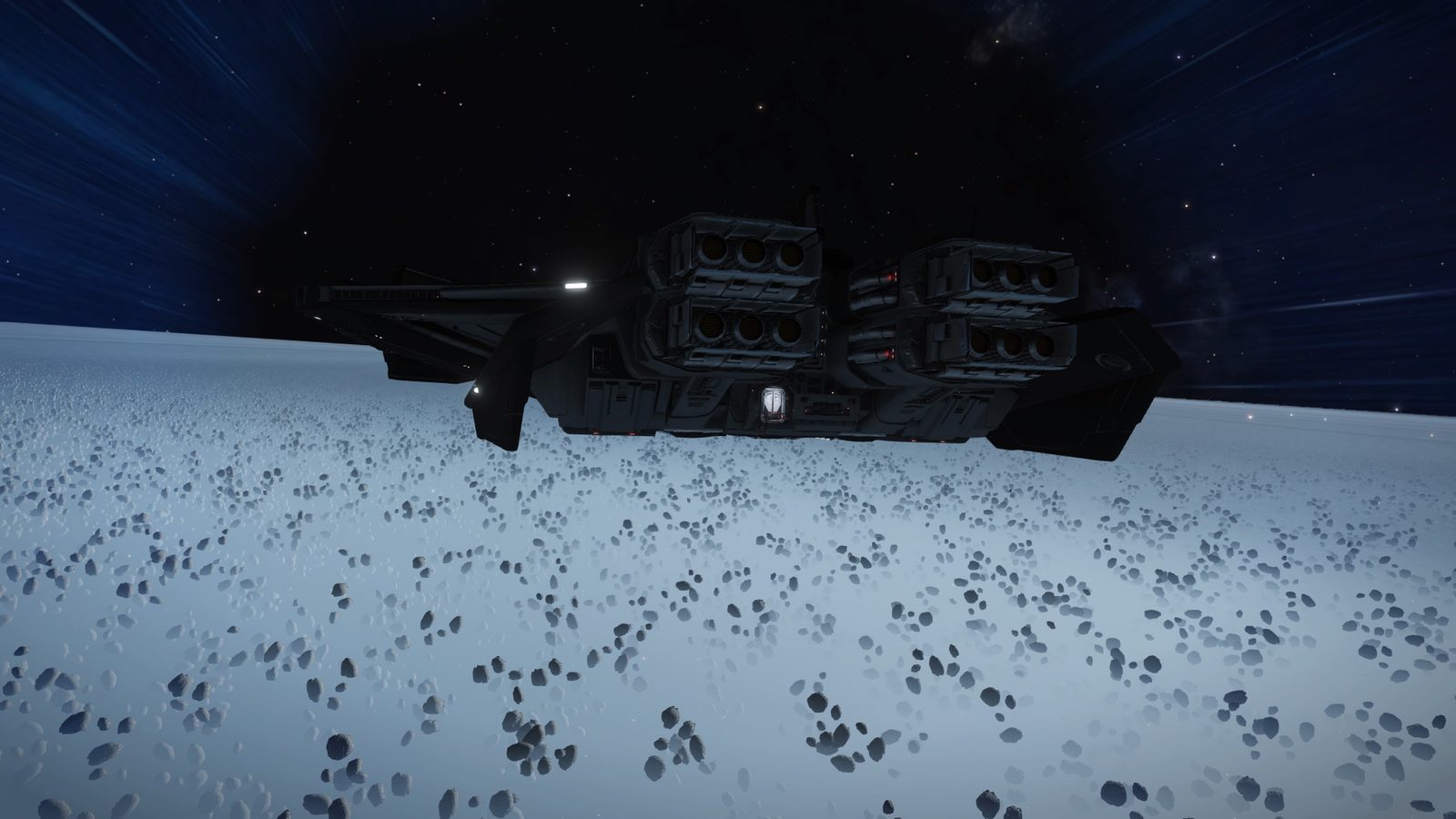 Close view of ship engines over a rocky planet surface, strong detail and lighting