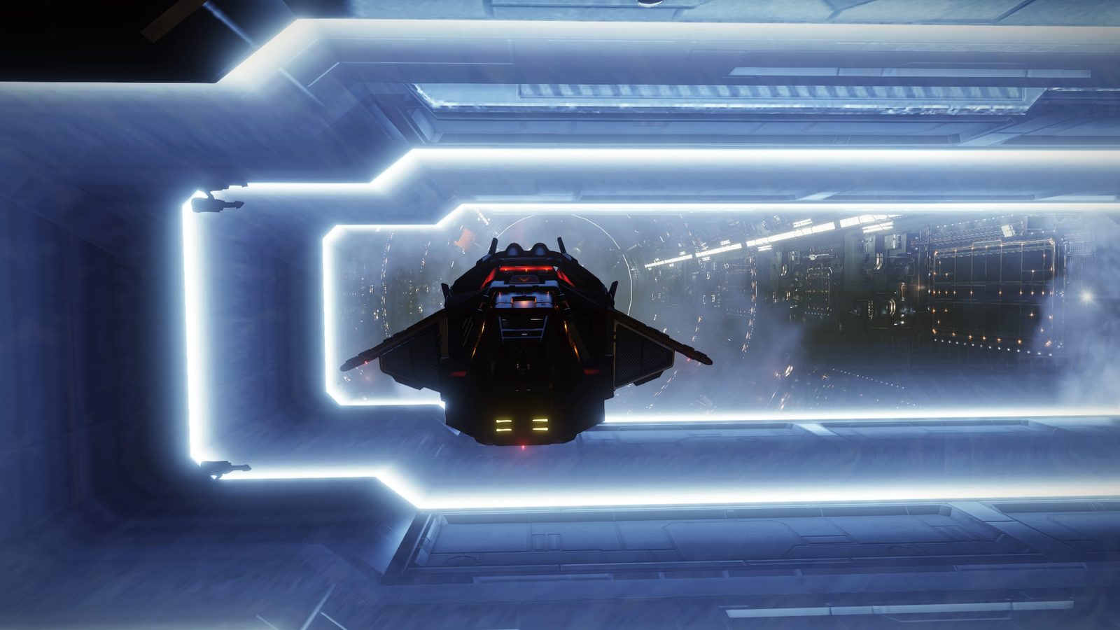 Dynamic ship docking scene with strong lighting contrast.
