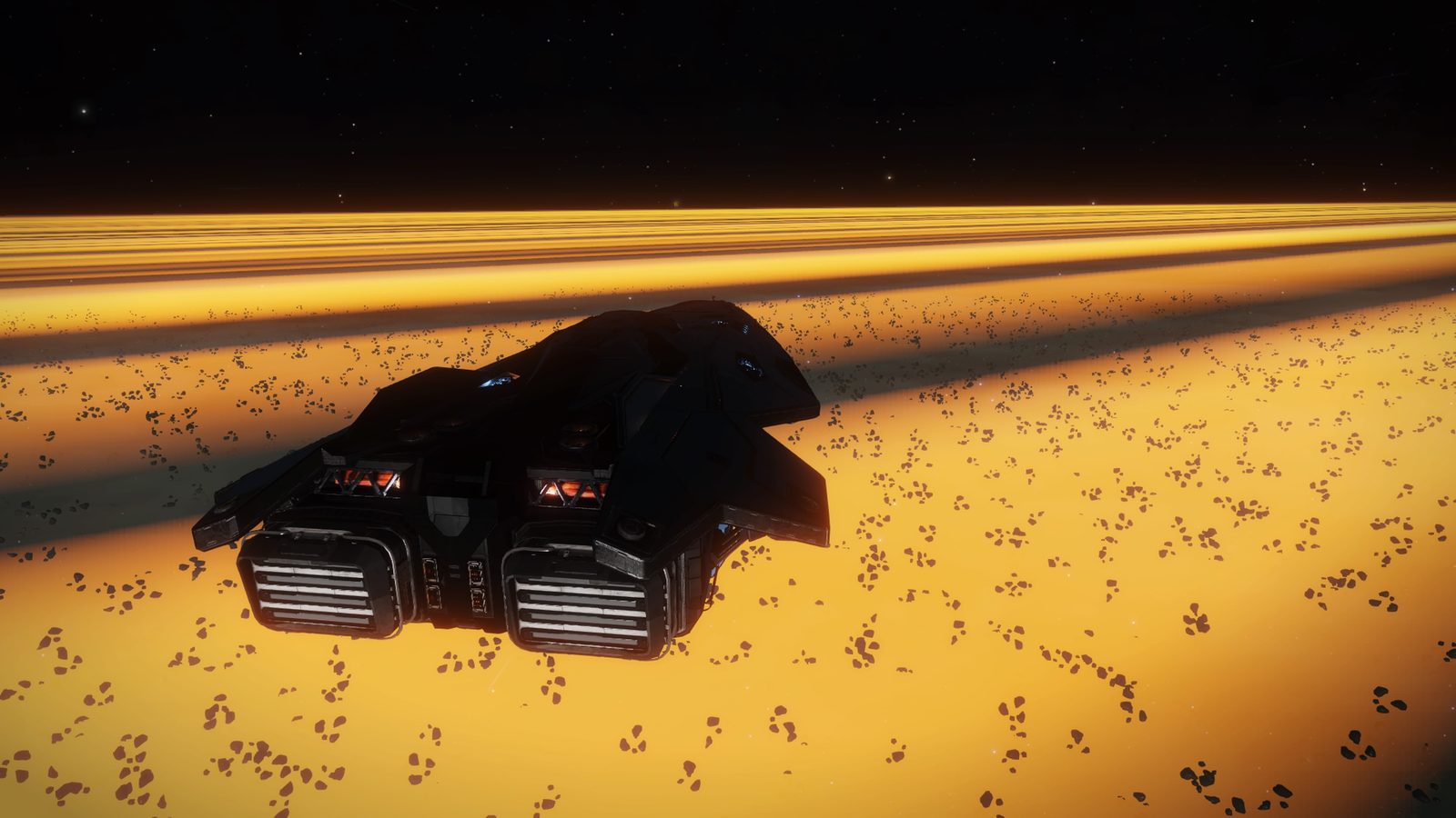 Ship flying over detailed planetary rings and asteroids.