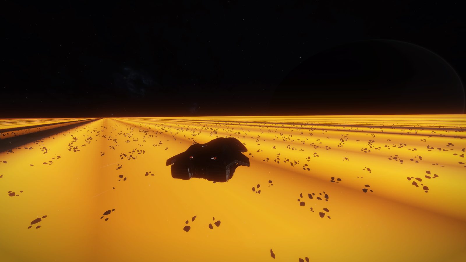 Ship over bright planetary rings with clear detail and atmospheric depth.