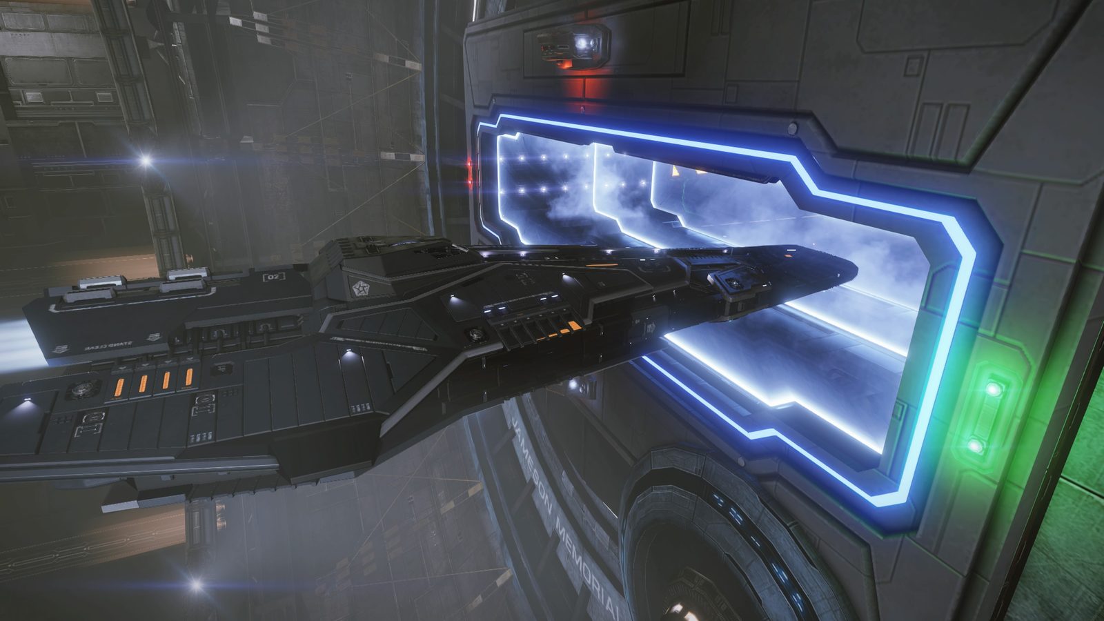 Detailed ship docked with vibrant lighting.