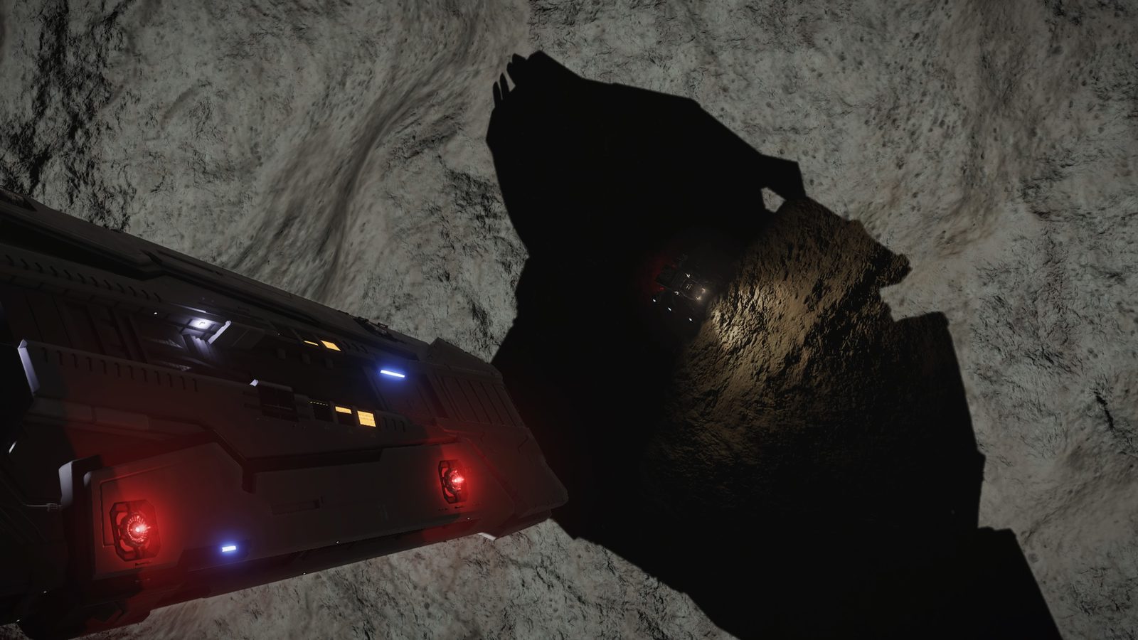 Atmospheric close-up of ship near asteroid surface.