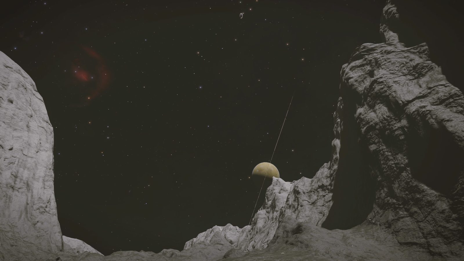 Good composition showing rocky terrain and distant planet.