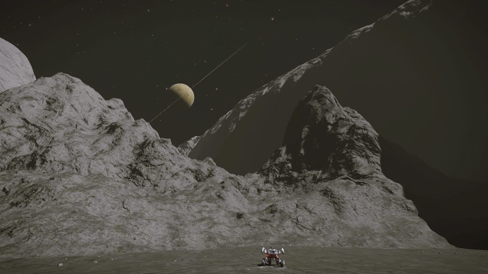 Moody surface scene with celestial bodies and ship.
