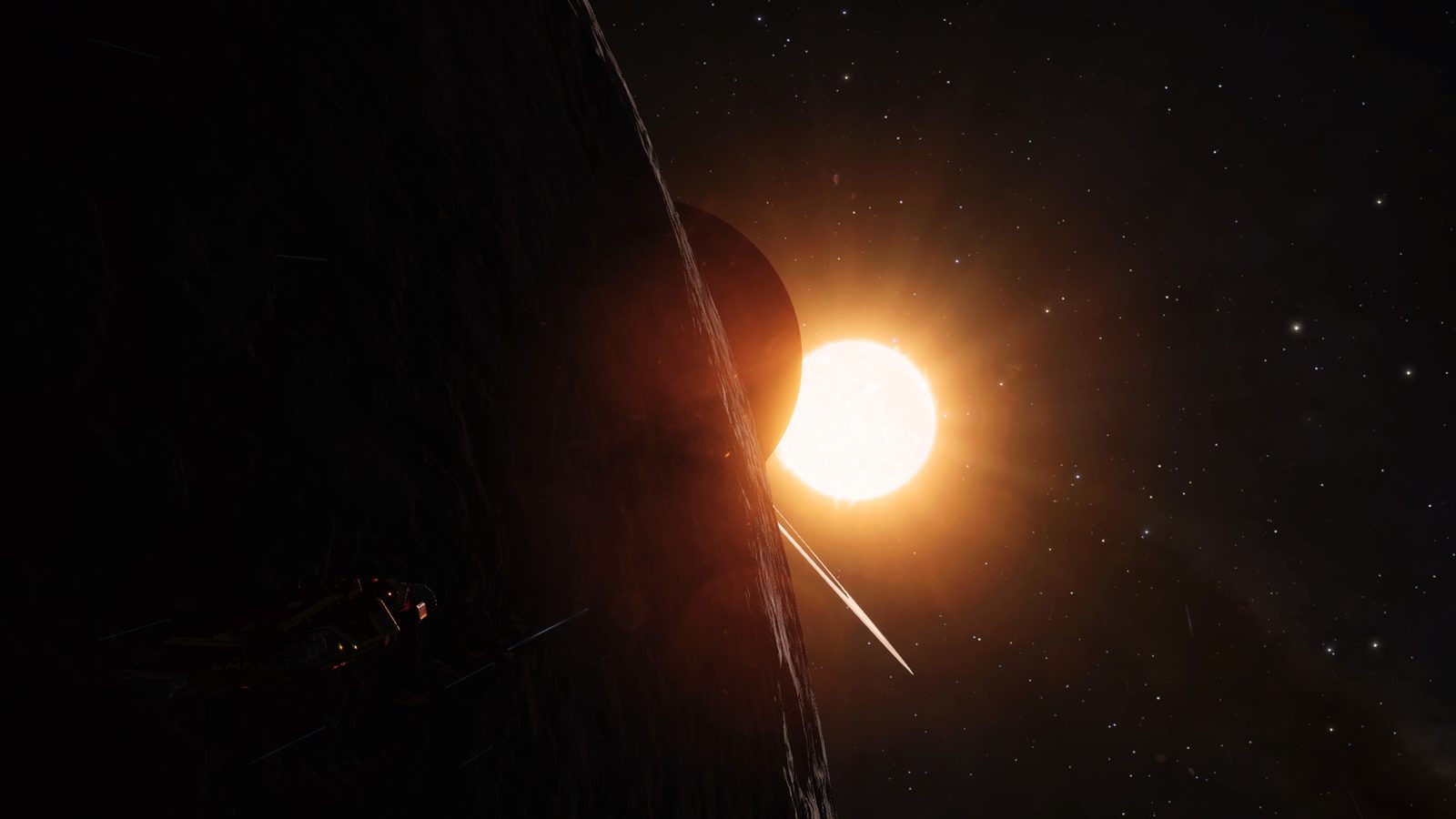 Planet with rings and bright star, visually dynamic and atmospheric.