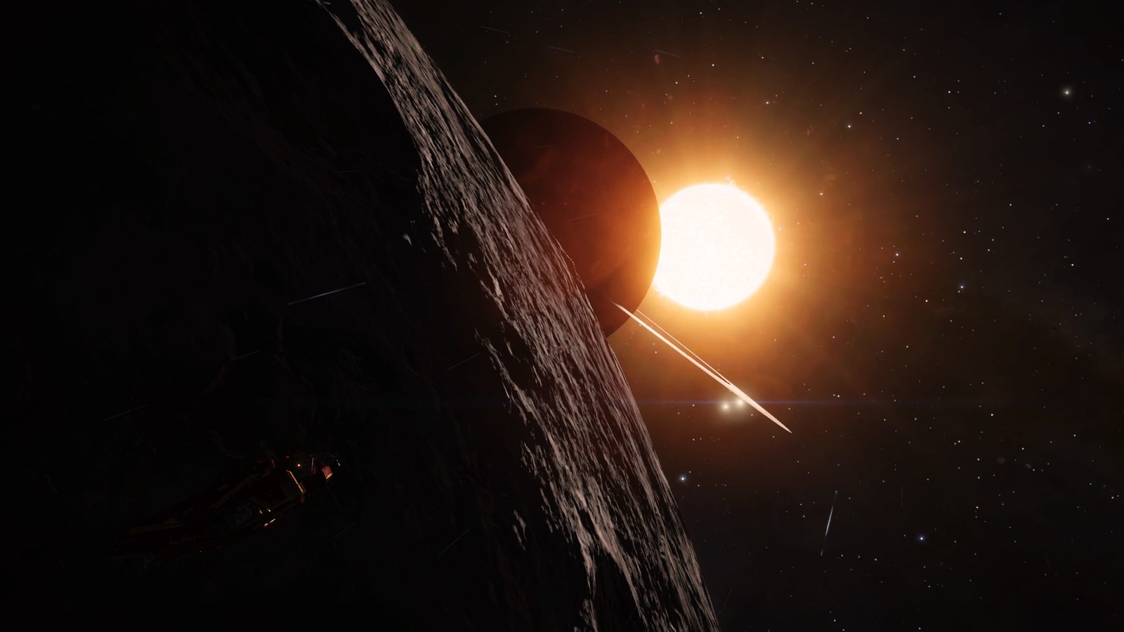 Planet with rings and bright star, well-lit and balanced composition.