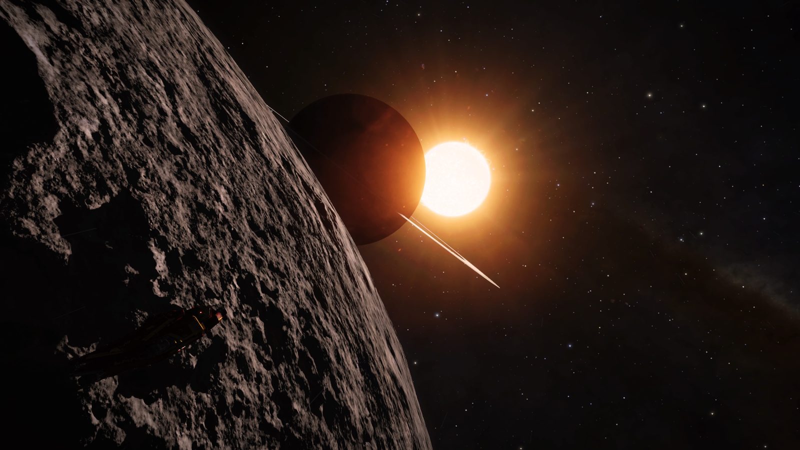Dynamic scene with sun flare and planetary silhouette.