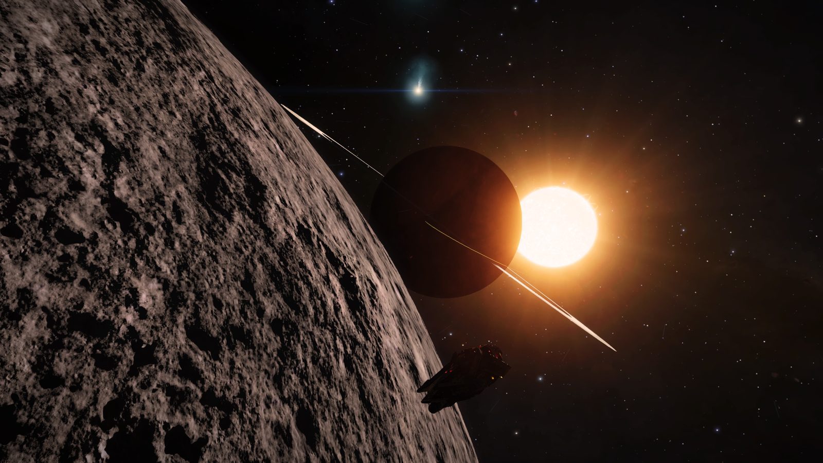 Foreground planet surface with rings and star, enhanced depth and scale.