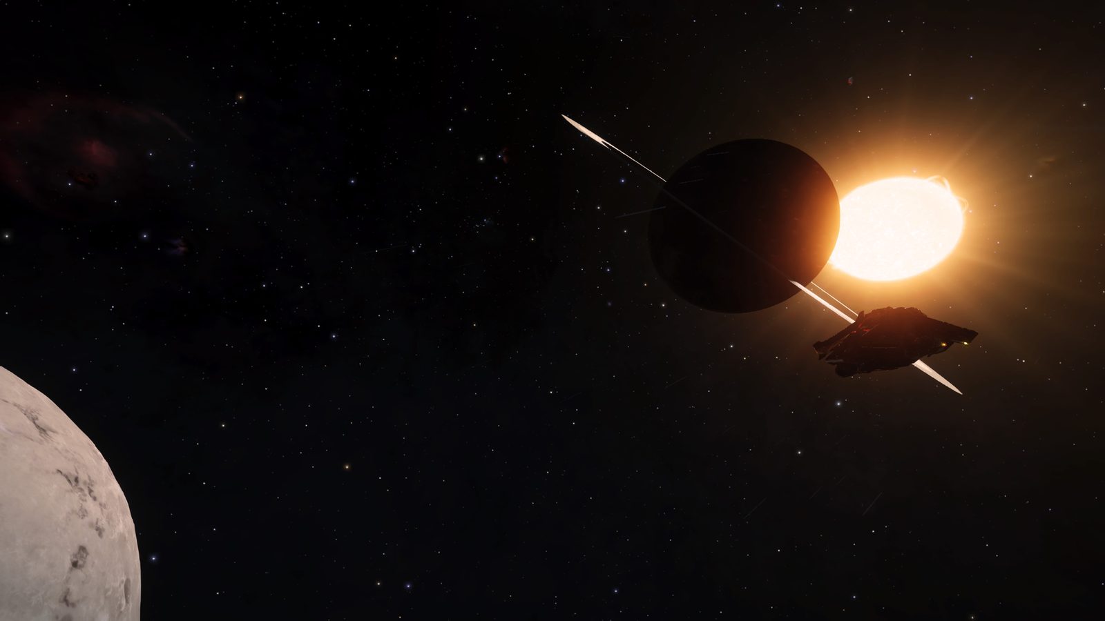 Silhouetted ship near star and planet, atmospheric and scale-rich.