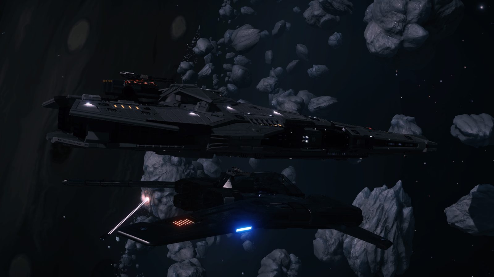 Space combat-ready ships in asteroid field, atmospheric and clear.