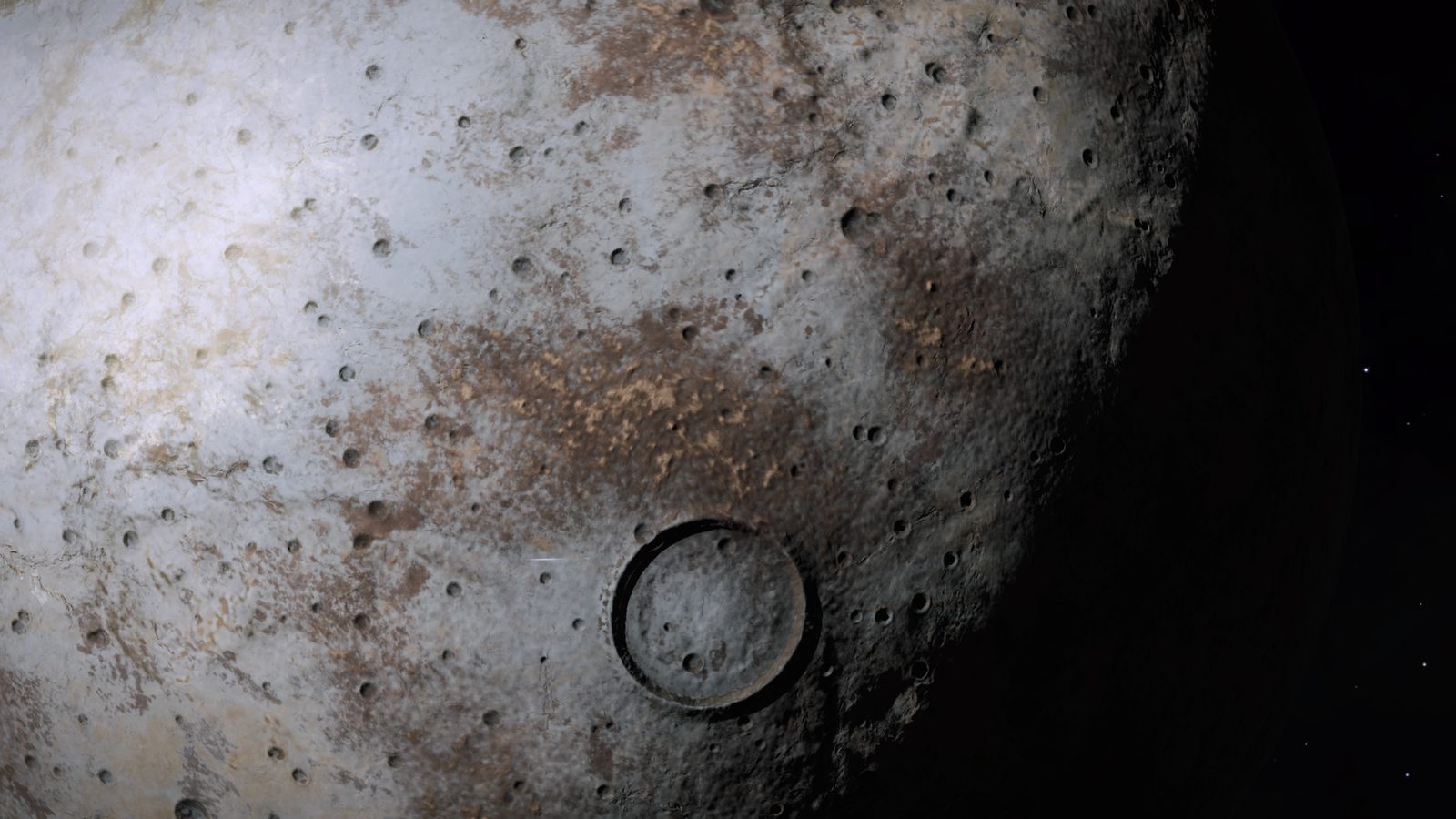 Detailed planetary surface with crater.