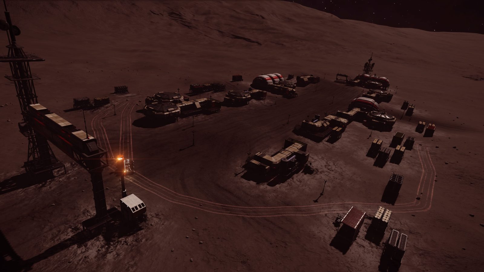 Moon base with structures and lighting at dusk/dawn.