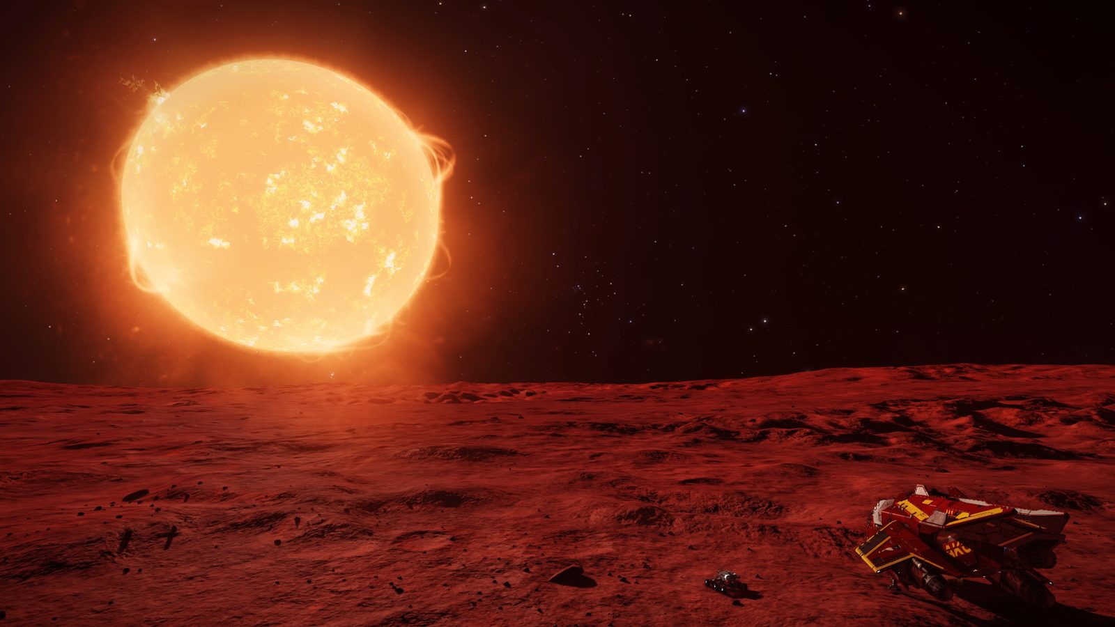 Planet surface with bright sun and landed ship.