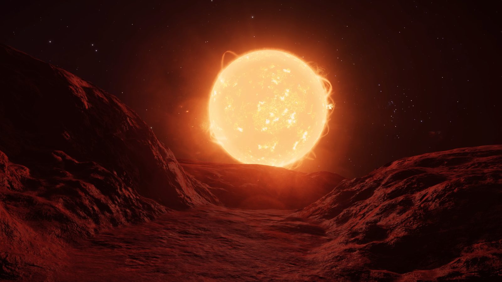 Sunset or sunrise over rocky planetary surface.