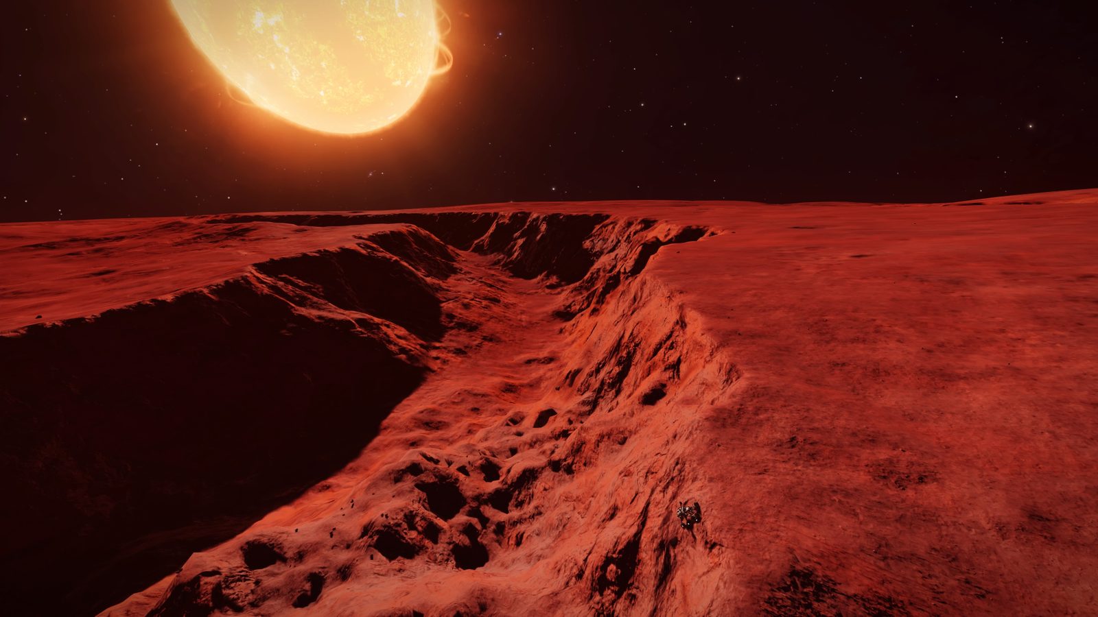 Detailed red planet surface with twin suns in background.