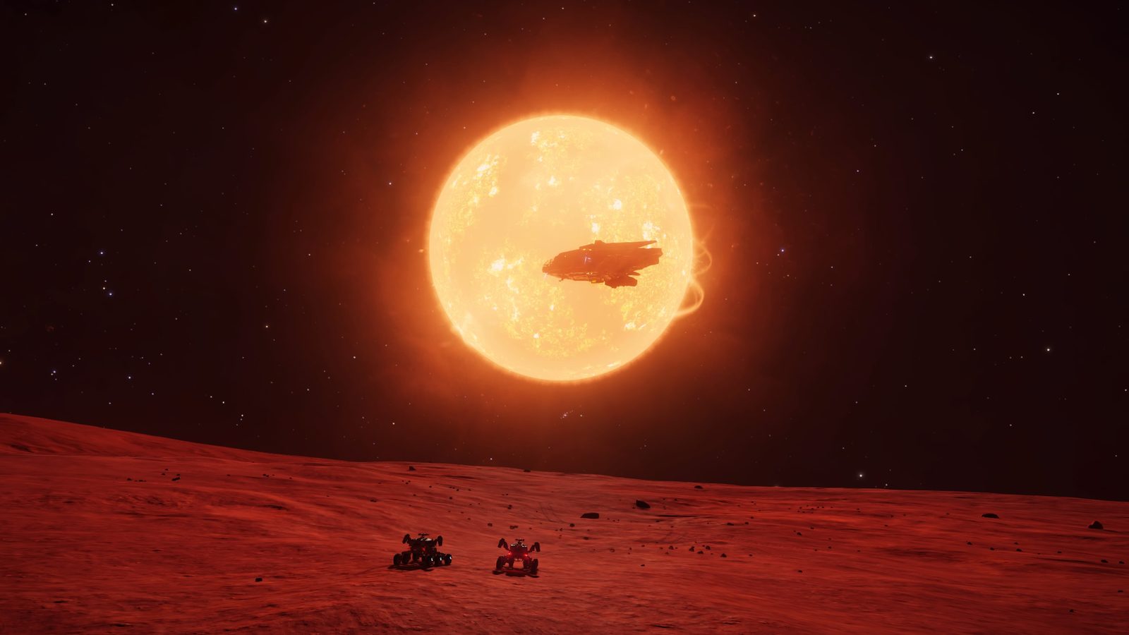 Ship and SRVs on planet surface with large sun in background.
