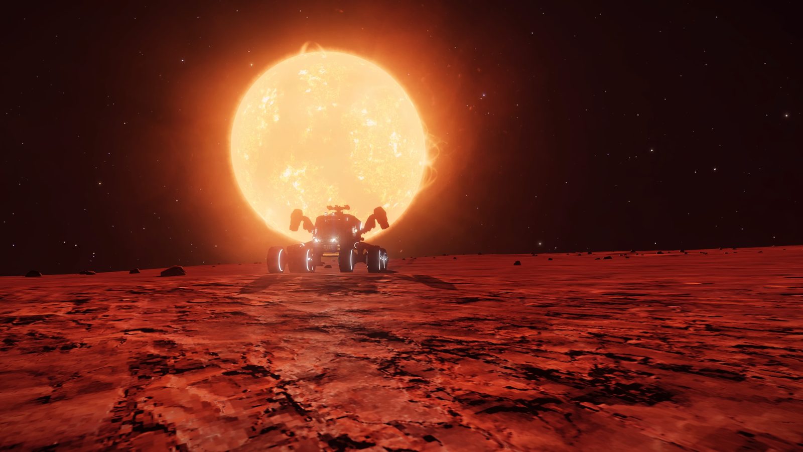SRV on red planet surface with sun halo behind.