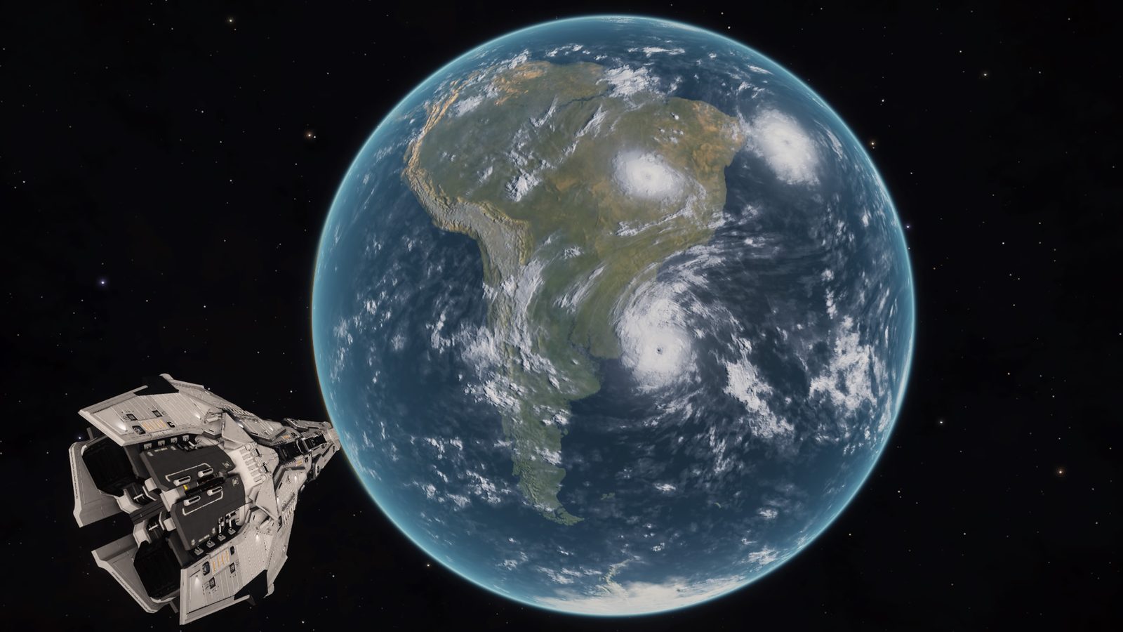 Ship near detailed Earth-like planet, strong scale and clarity.