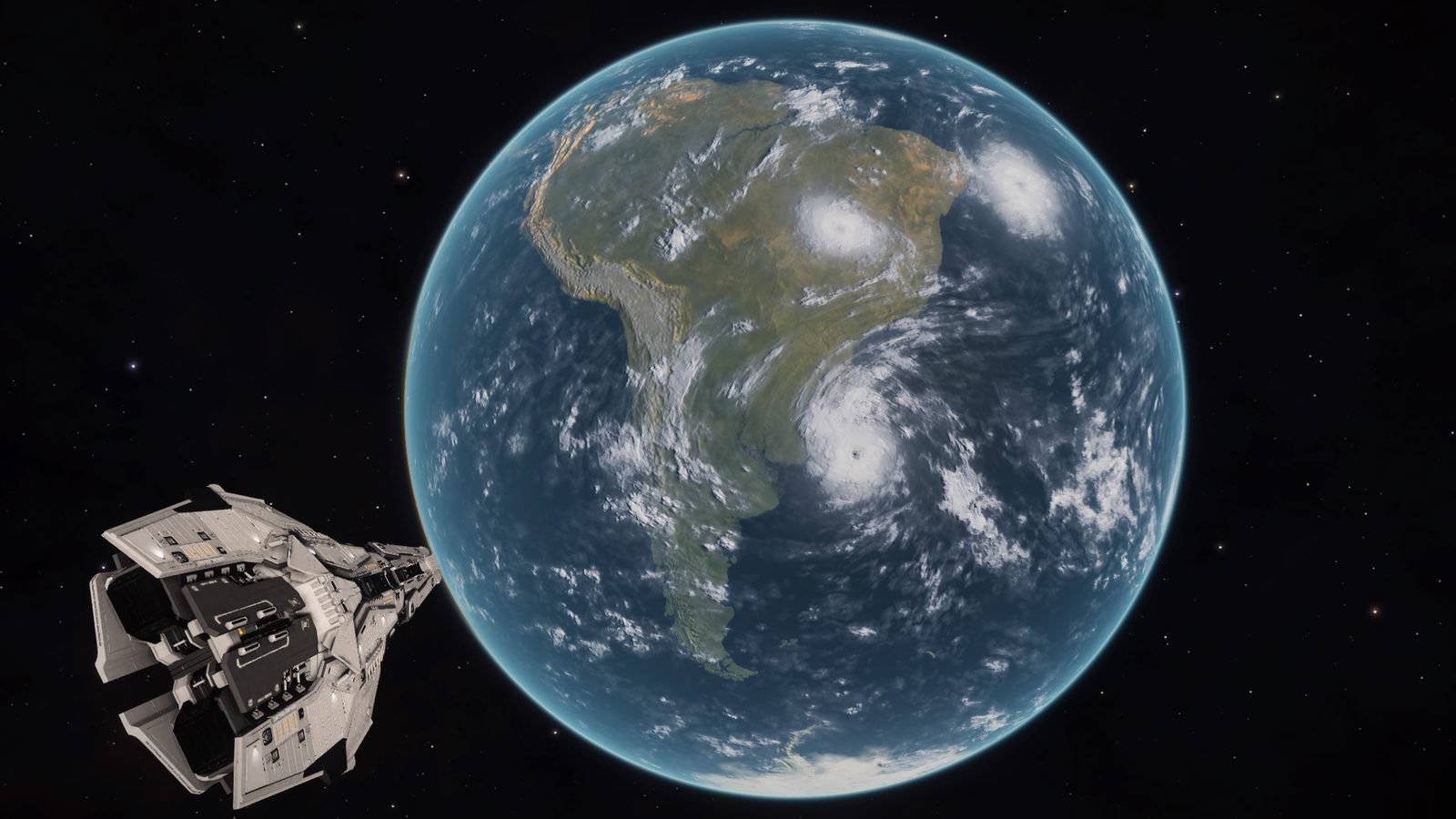 Planet and ship close-up with detailed clouds and surface.