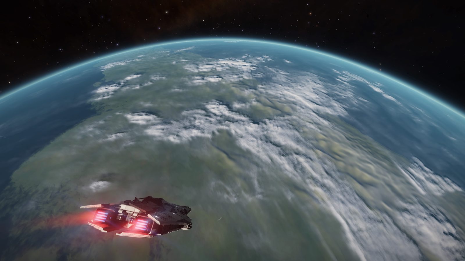 Ship flying over planet with clouds and atmosphere visible.
