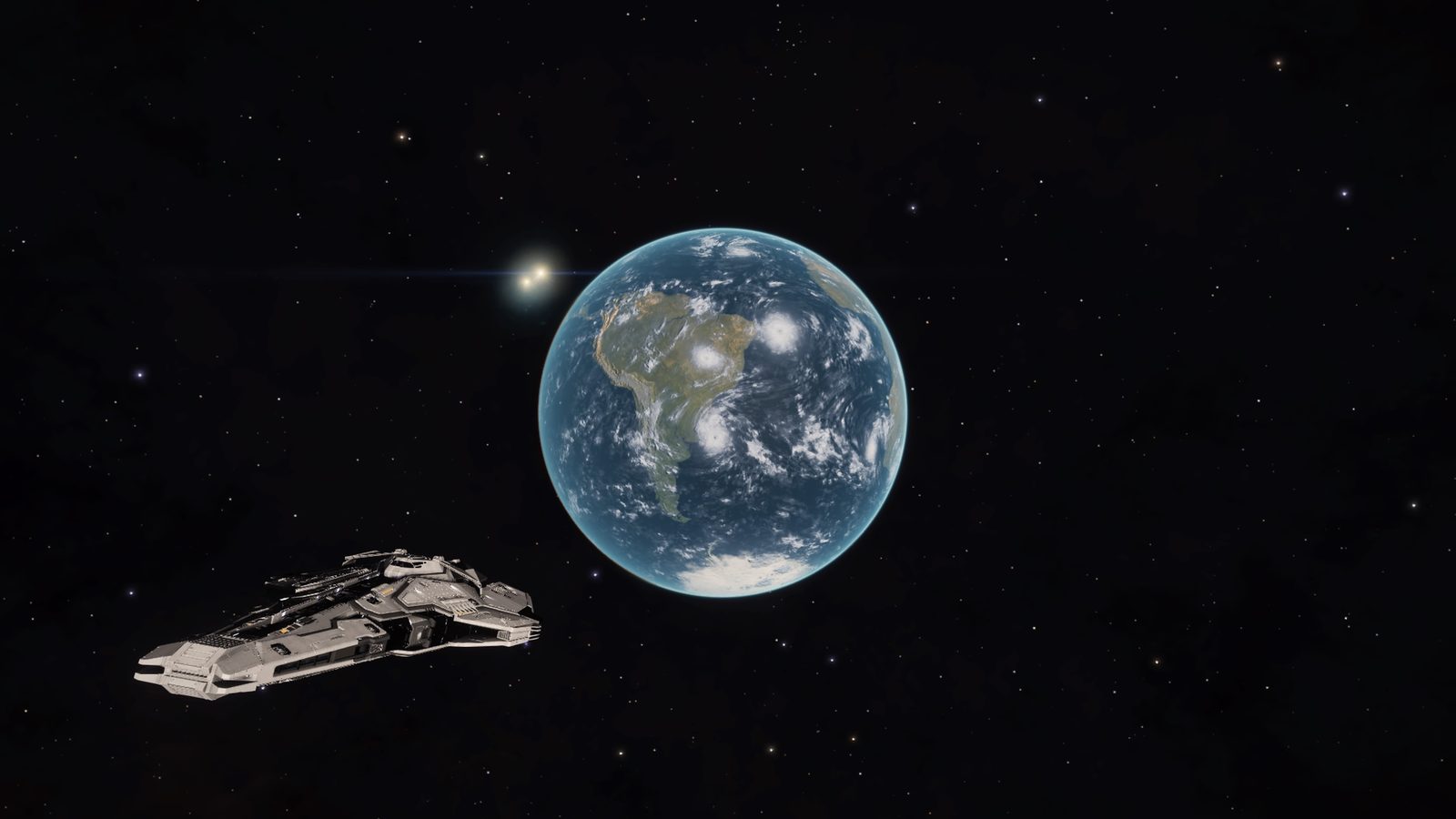 Ship near planet with star in background, balanced framing.