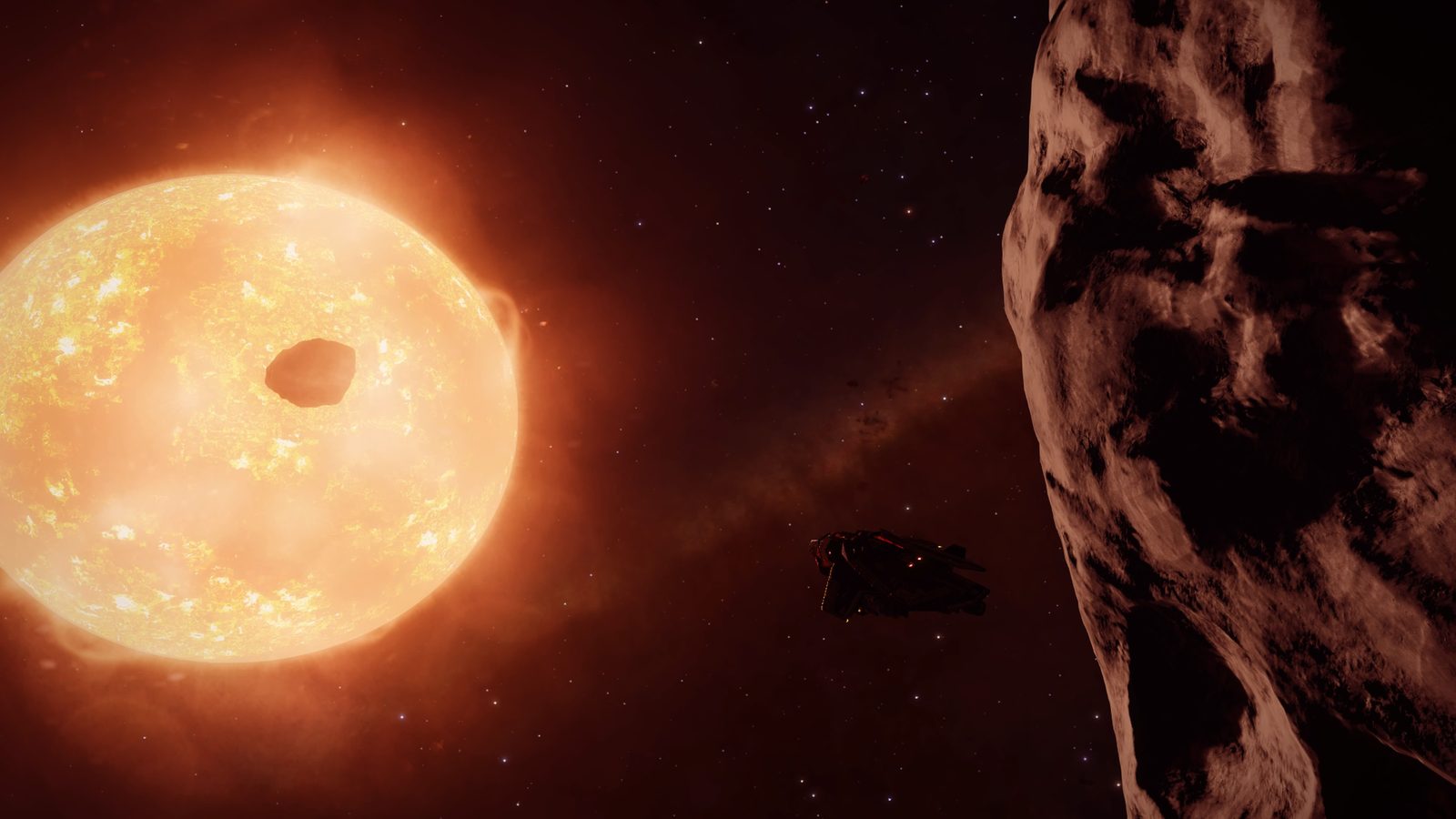 Ship near asteroid with bright star in background.