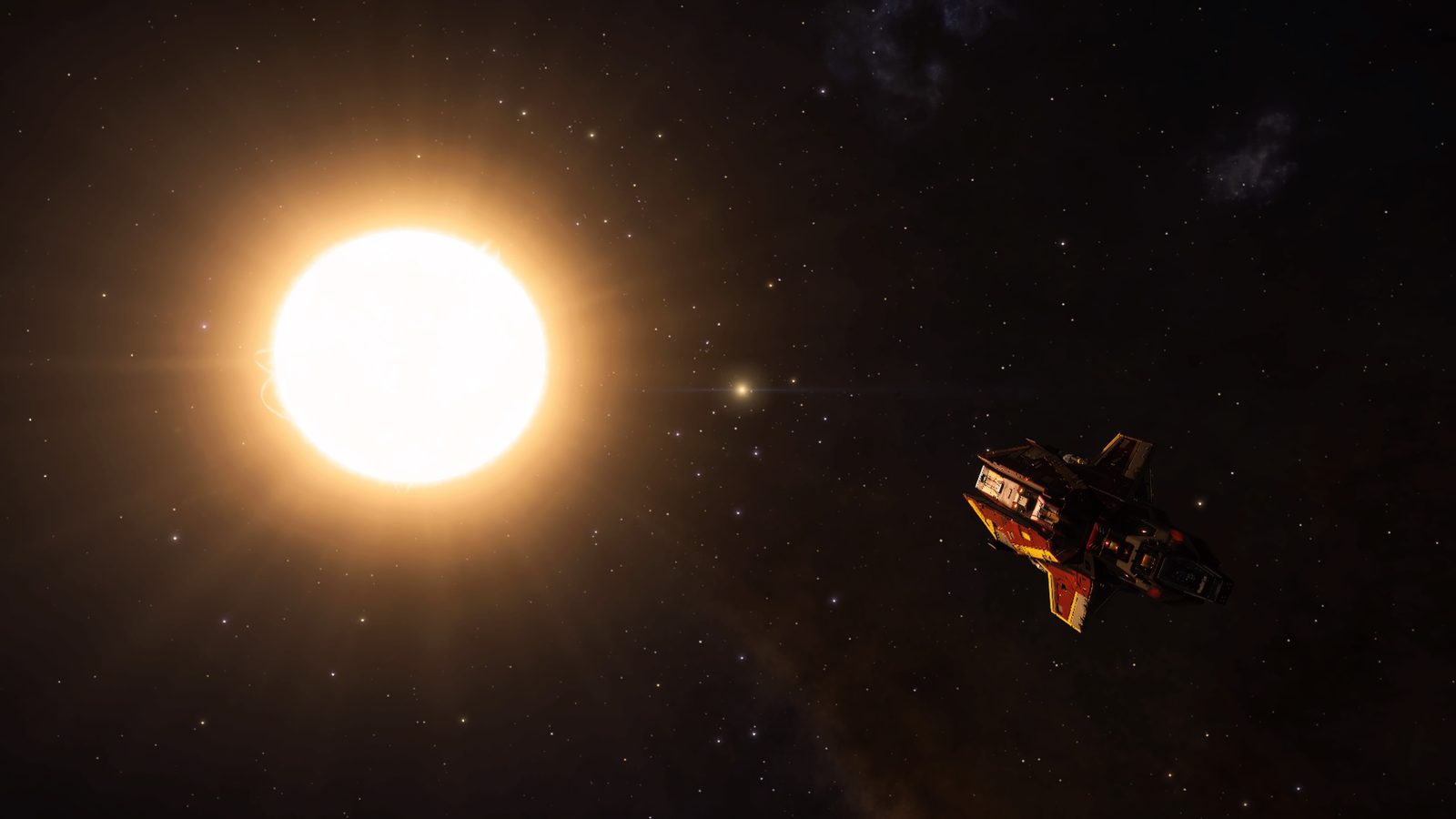 Ship near bright star, good contrast and space ambiance.