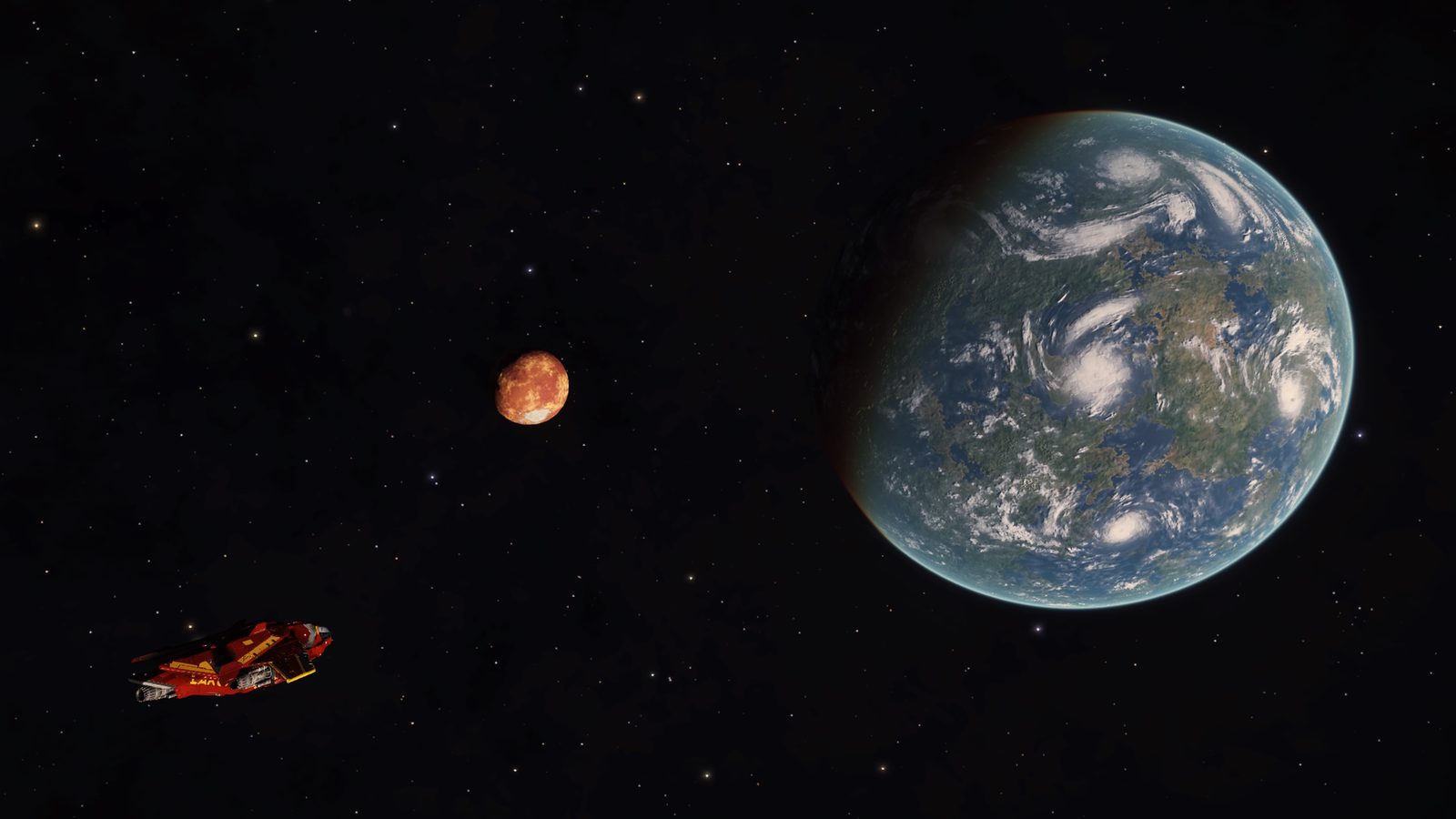 Ship near planet and moon, well-lit and detailed space view.