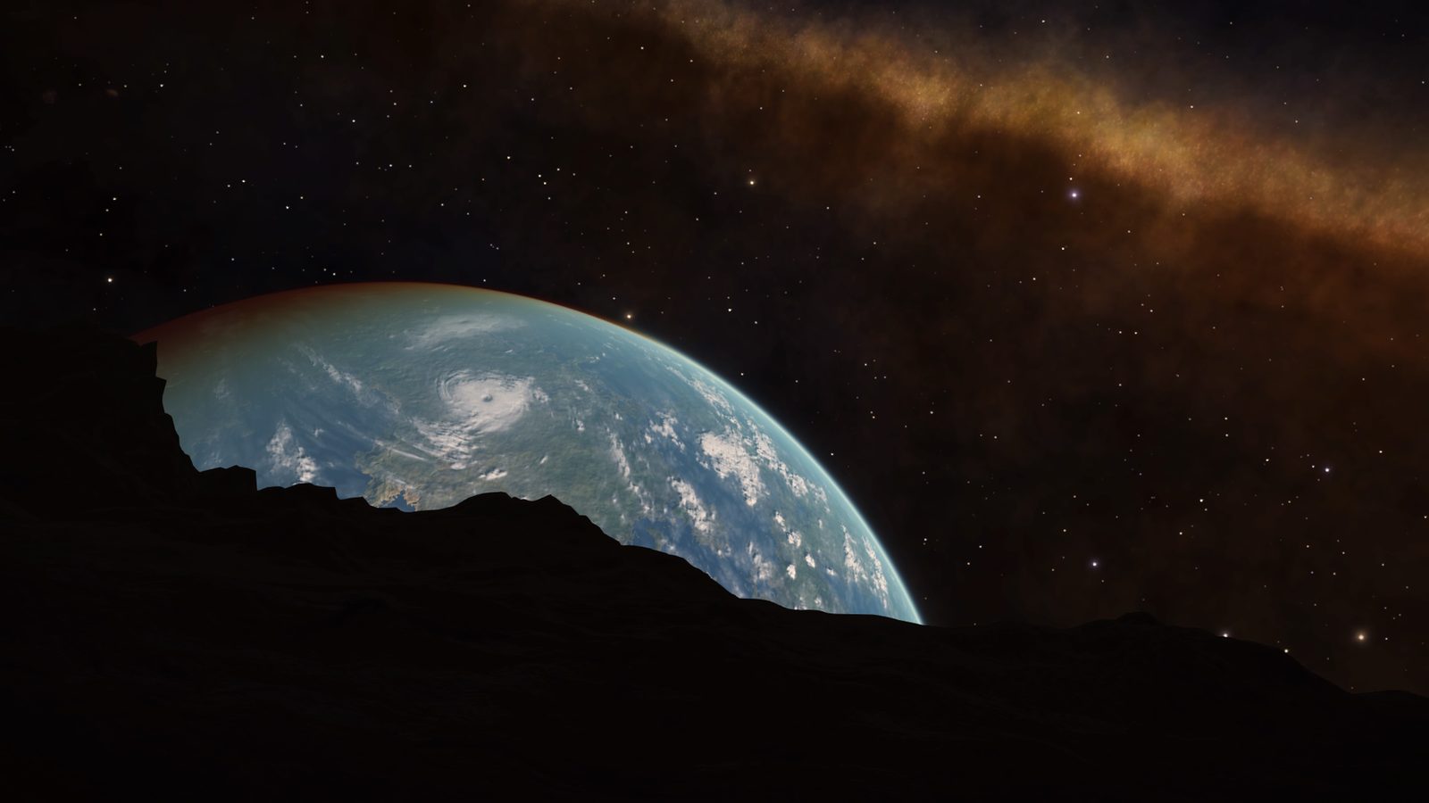 Planetary horizon with Earth-like planet and starfield.