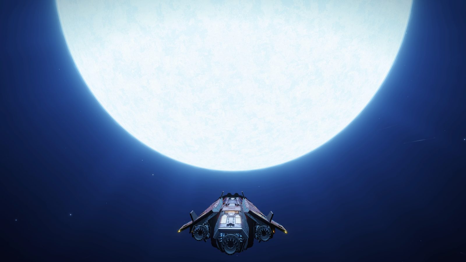 Ship facing large bright star in space.