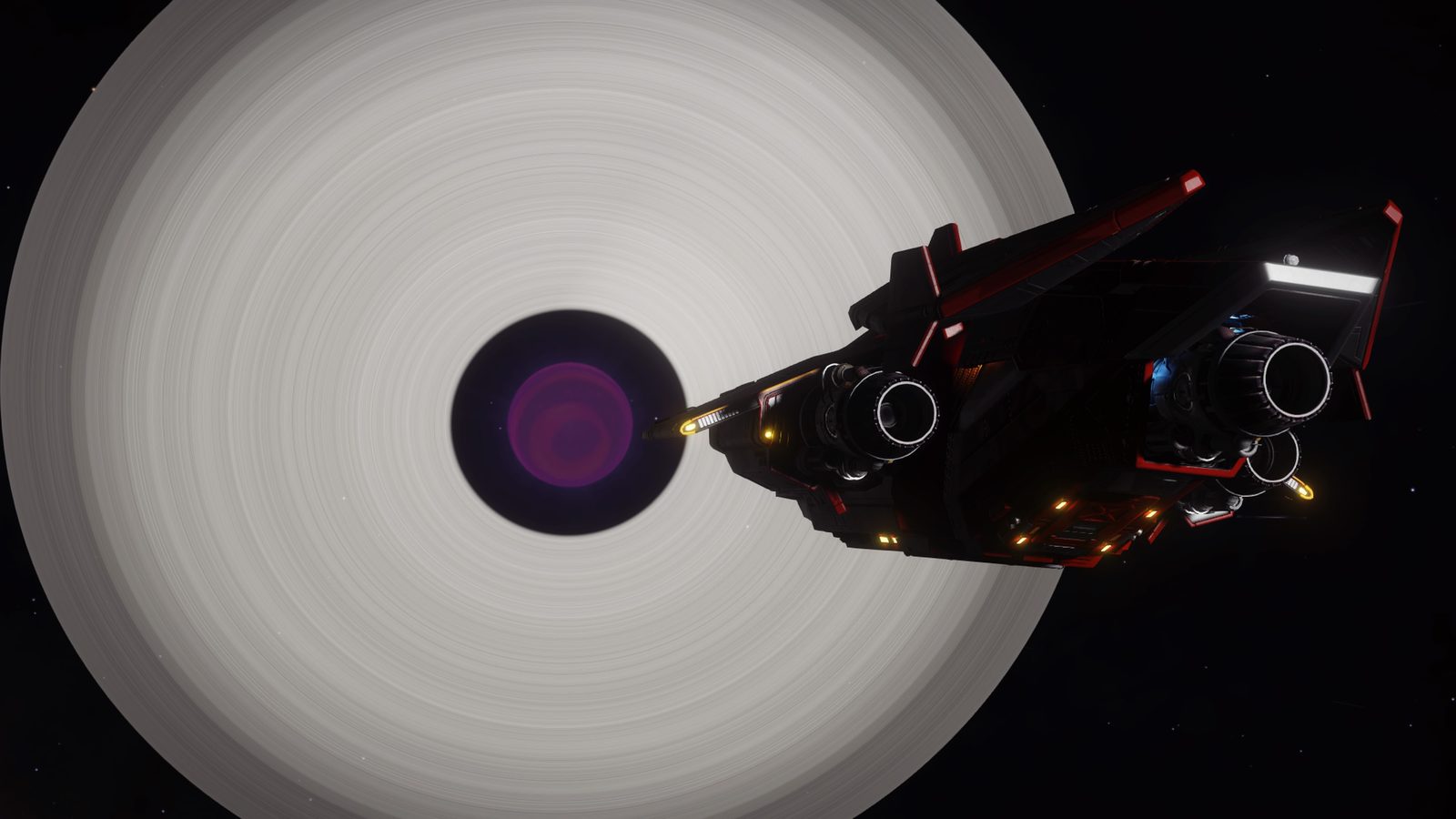 Ship backlit by a large ringed planet, strong composition.
