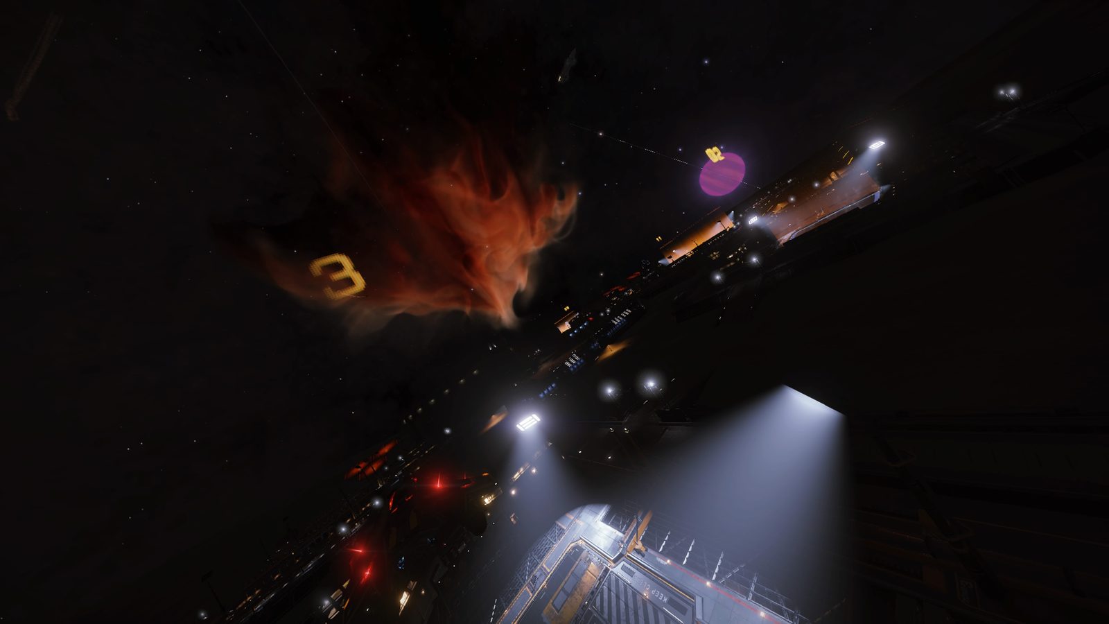 Detailed station scene with nebula and lighting contrast.