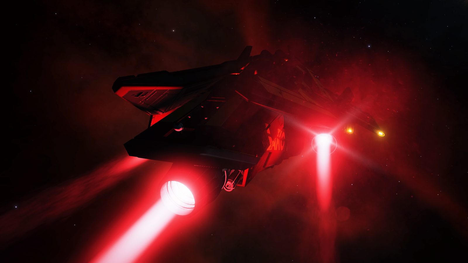 Ship with bright red thrusters in space.