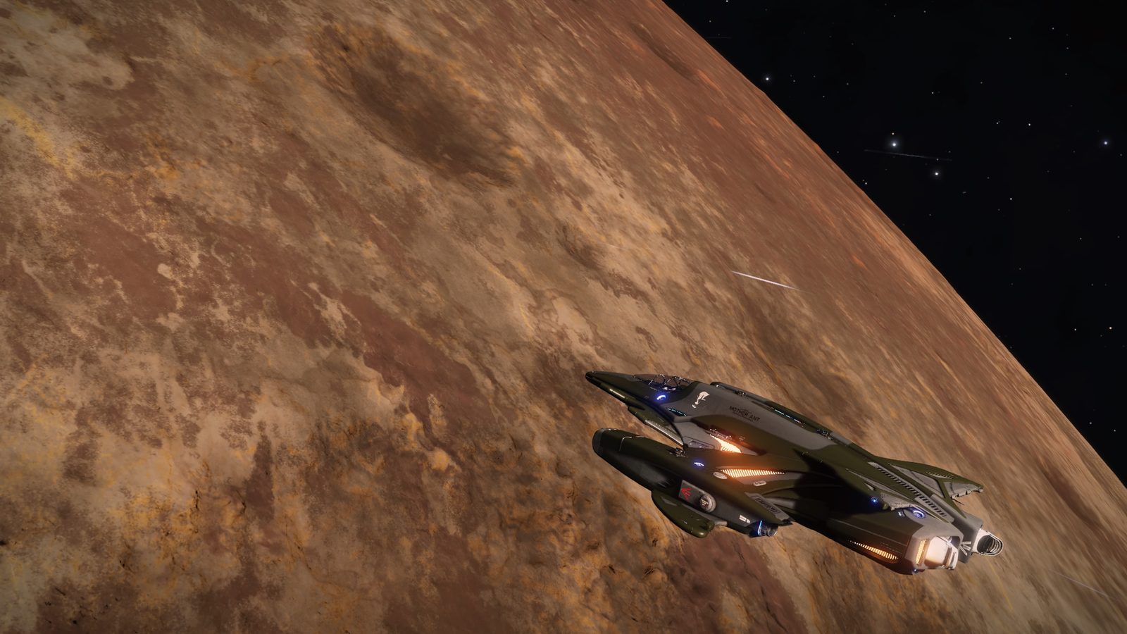 Ship close to planetary surface with space backdrop.