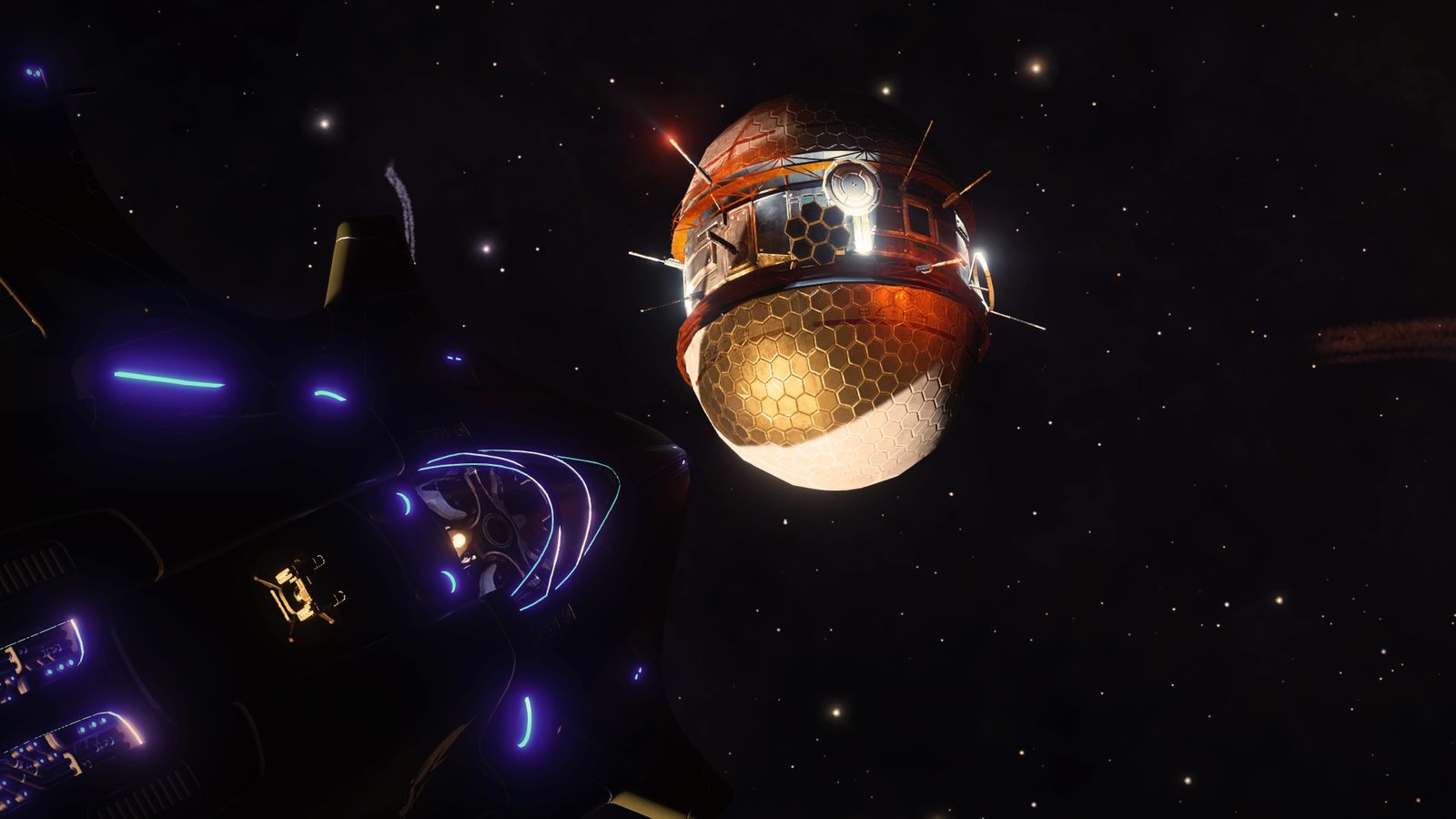 Ship near a spherical station with glowing lights.