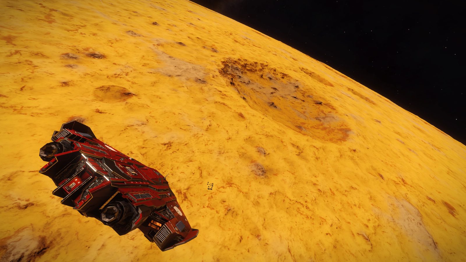 Strong planetary approach shot with ship and surface detail.