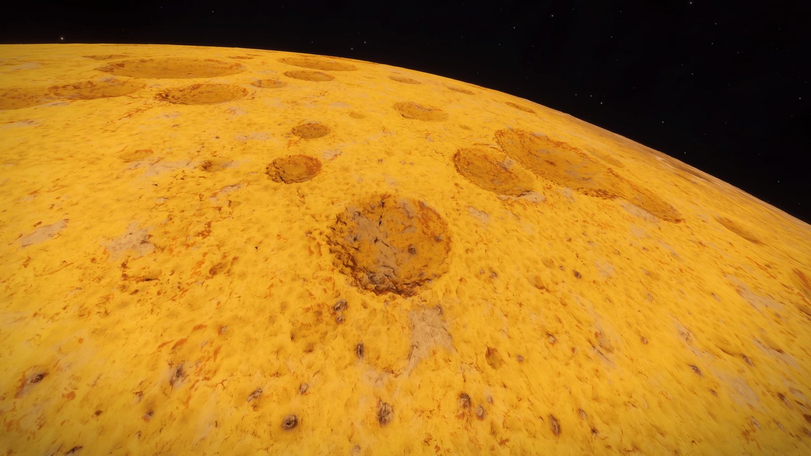 Yellow planet with multiple craters and space background.
